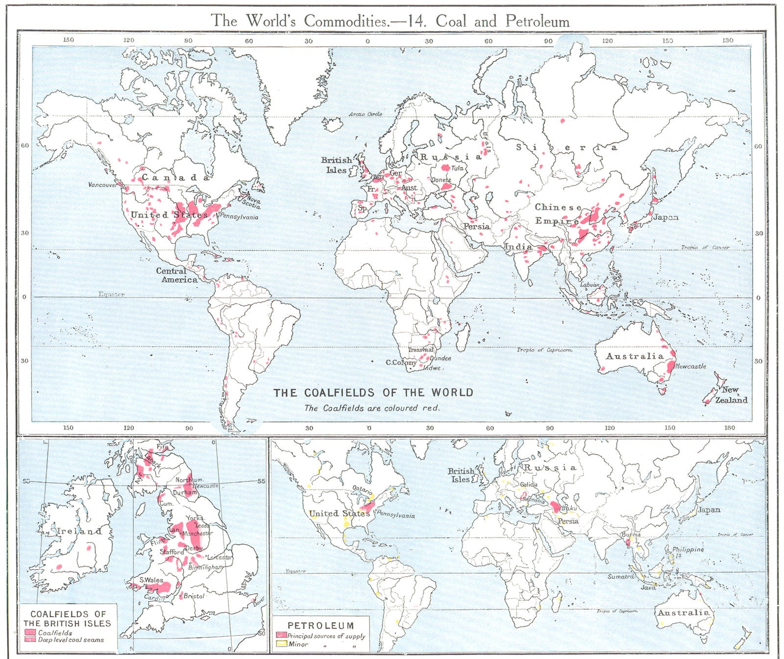 WORLD. Commodities - Coalfields & petroleum sources. British Isles 1907 map